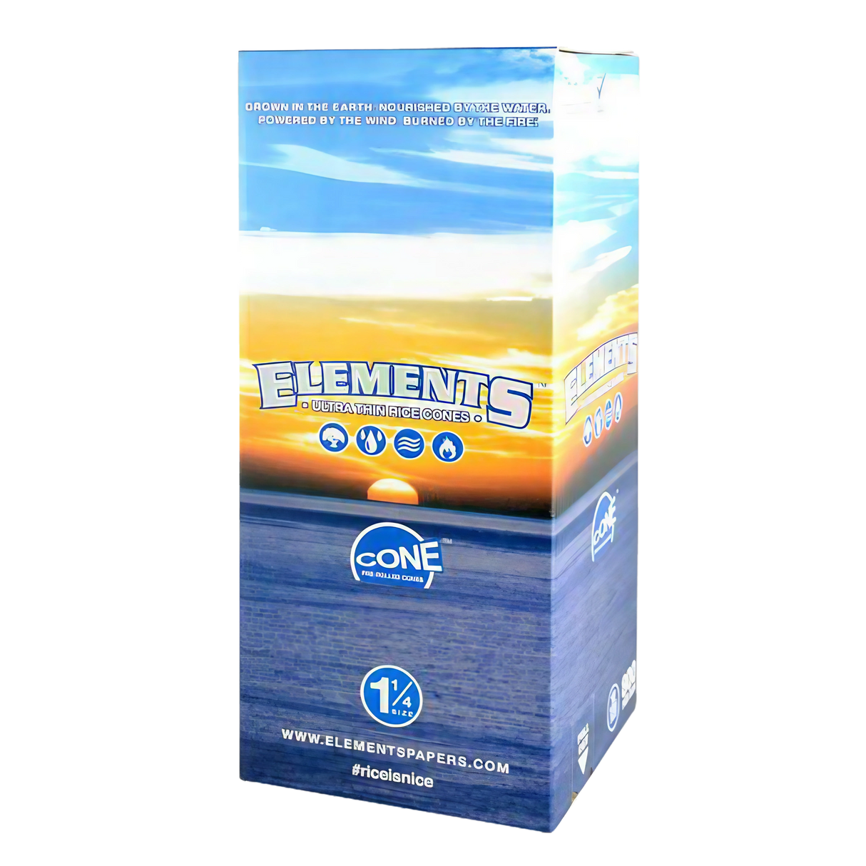 Elements Rice 1 1/4" Pre-Rolled Cones Bulk Box, 900pc, Ultra Thin for Dry Herbs - Front View