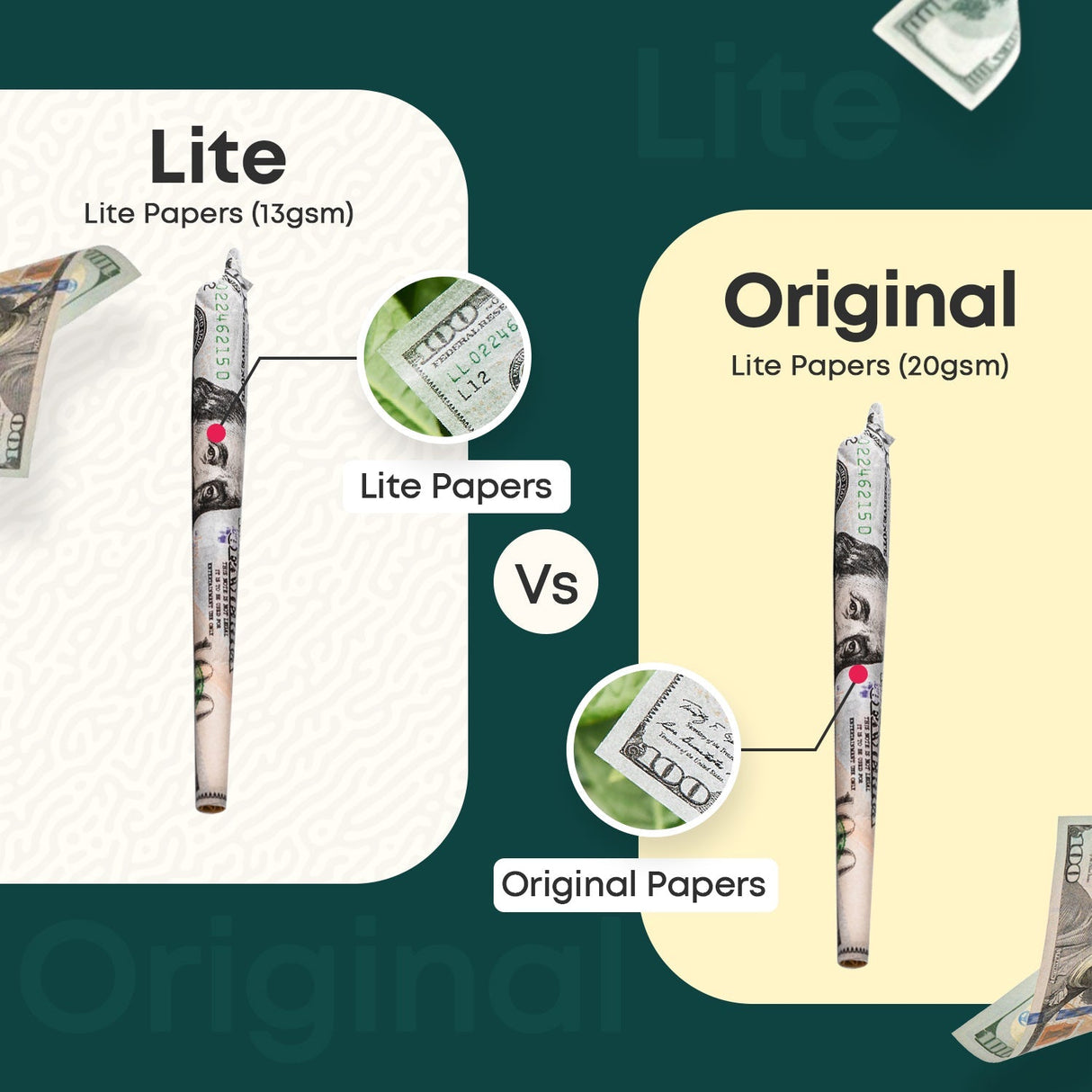 BENNY LITE vs Original Empire Rolling Papers comparison, front view with product details