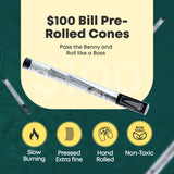 Empire Rolling Papers BENNY LITE Cones designed as $100 bills, slow-burning and non-toxic