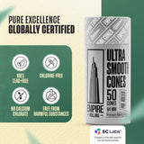 Empire Rolling Papers Ultra Smooth Pure White Cones 50 Pack Front View with Certifications