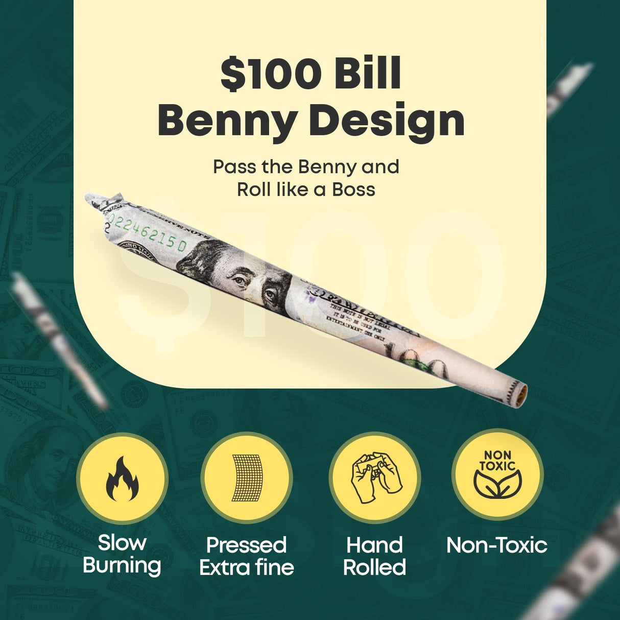BENNY LITE Papers by Empire Rolling with $100 Bill Design - Slow Burning & Non-Toxic