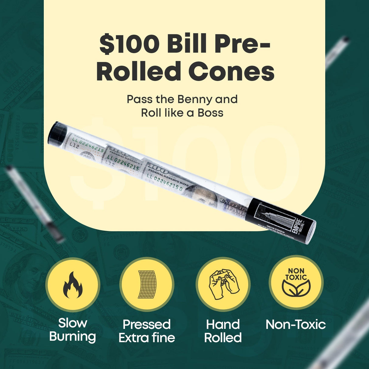 BENNY OG Cones by Empire Rolling Papers resembling $100 bills - Front View