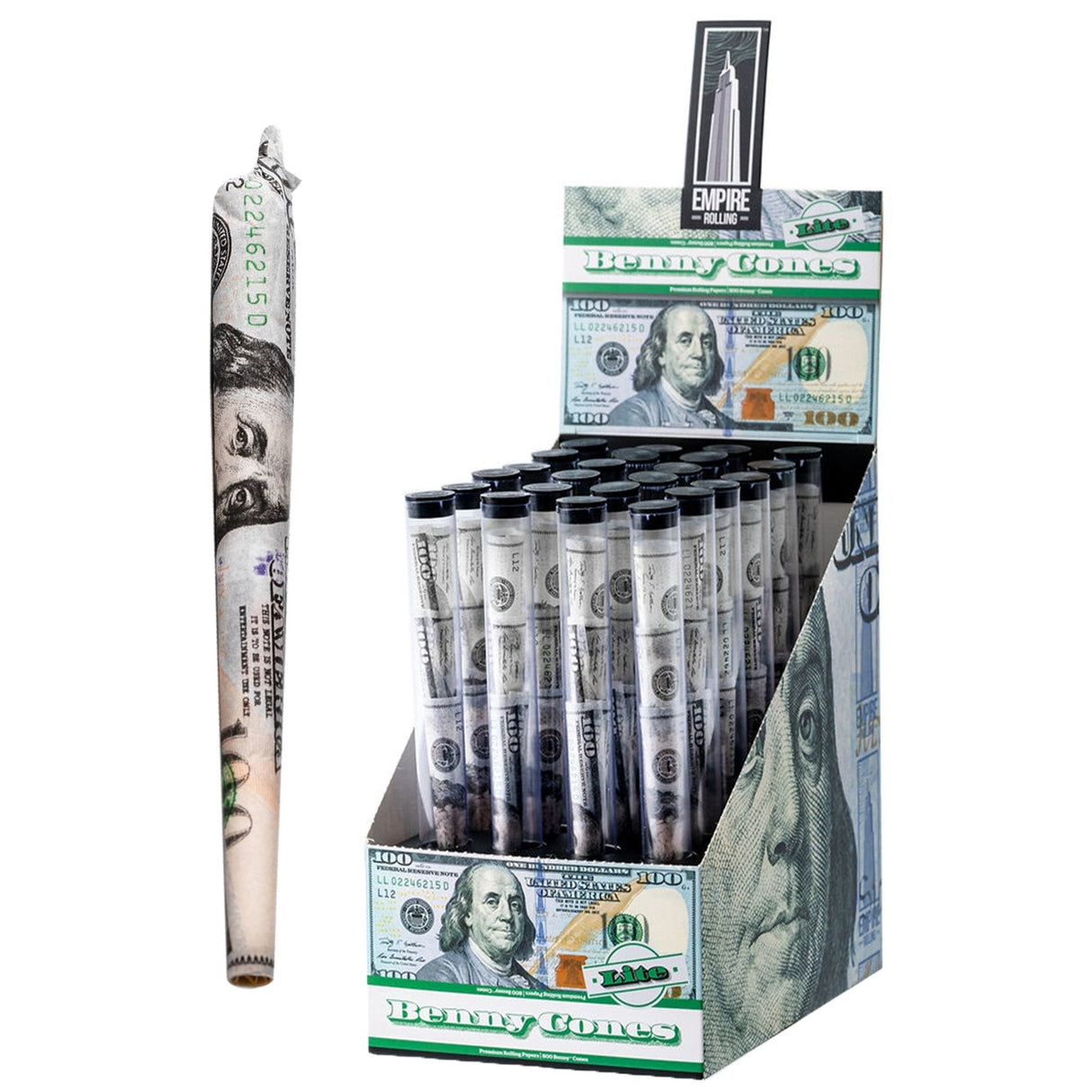 BENNY LITE Cones by Empire Rolling Papers, displayed in money-themed packaging