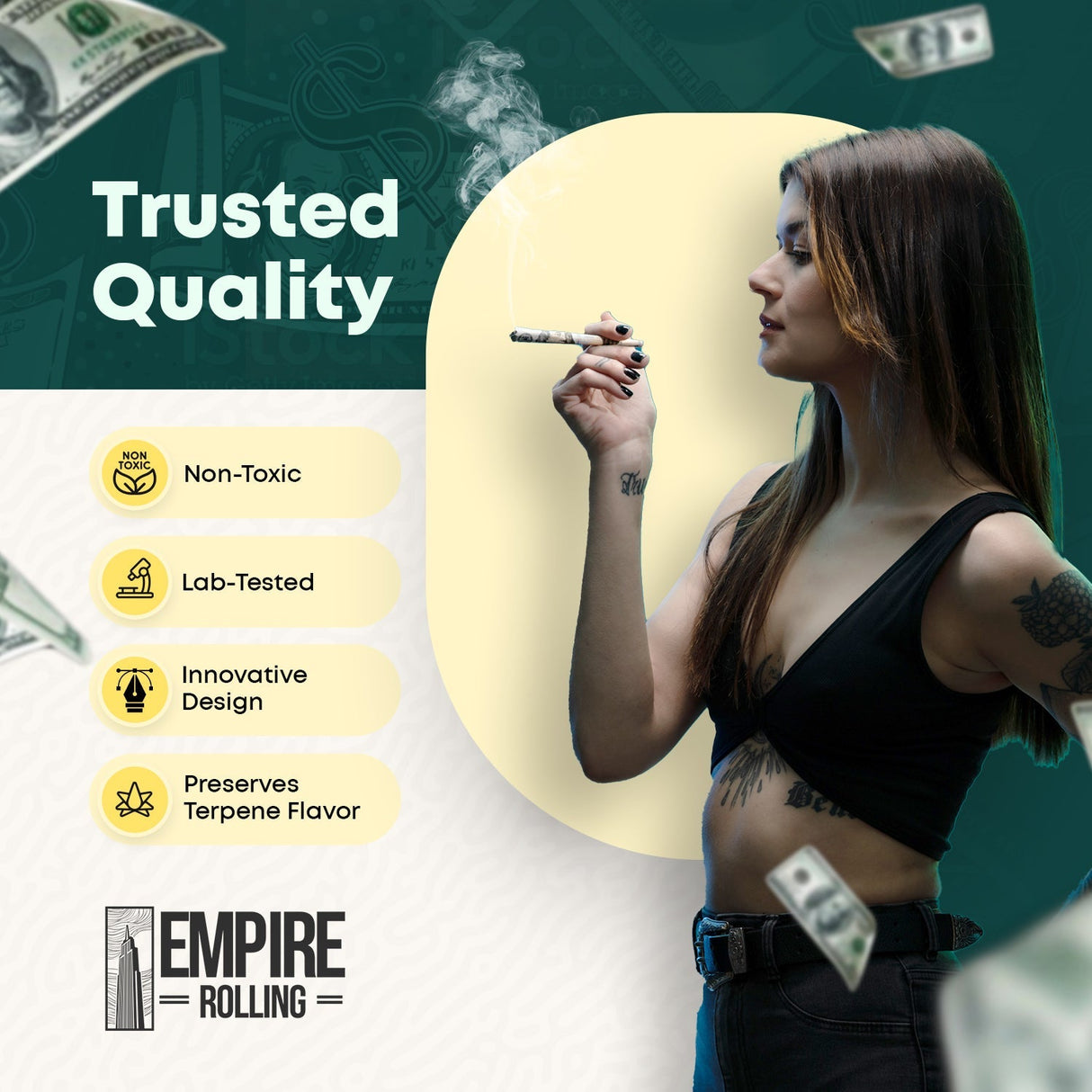 Empire Rolling Papers BENNY OG Cones with woman enjoying product, quality assurance icons
