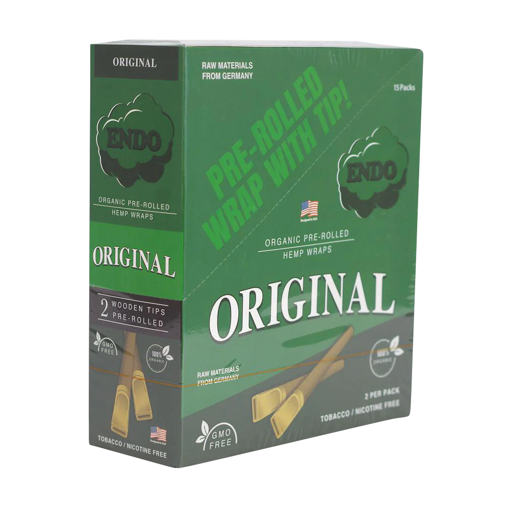 Endo Original Pre-Rolled Hemp Wraps, 15 Pack with Wooden Tips, Front View