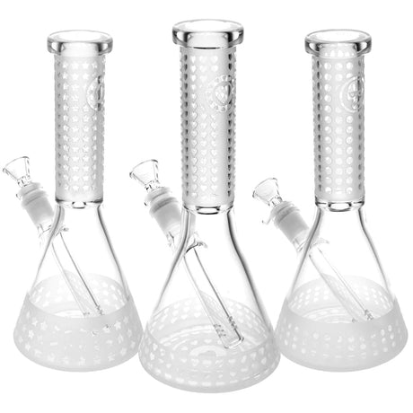 Three etched beaker water pipes with slit-diffuser percolators and thick glass, front view on white background