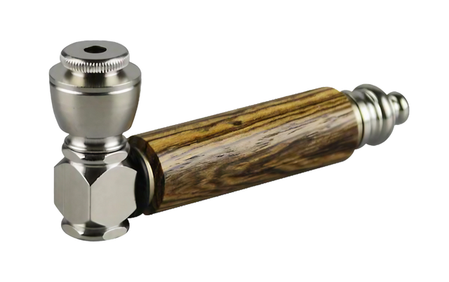 Exotic Wood & Stainless Steel Hand Pipe, Small Size, for Dry Herbs, Side View on White Background