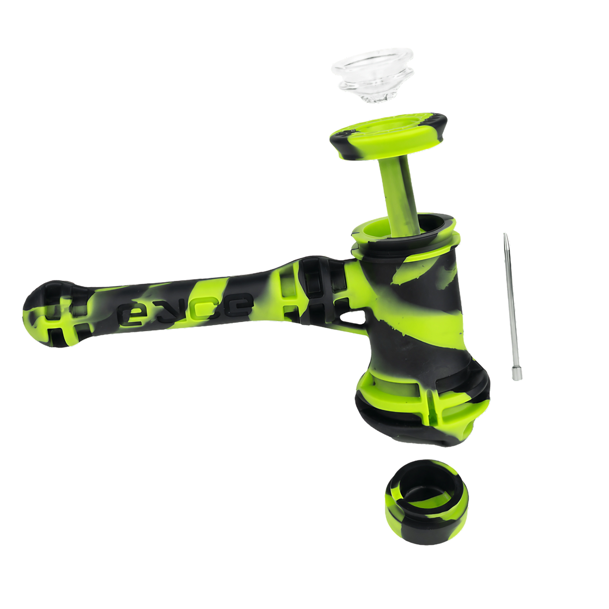 Eyce Hammer Bubbler in green and black silicone with steel poker and glass bowl, portable design