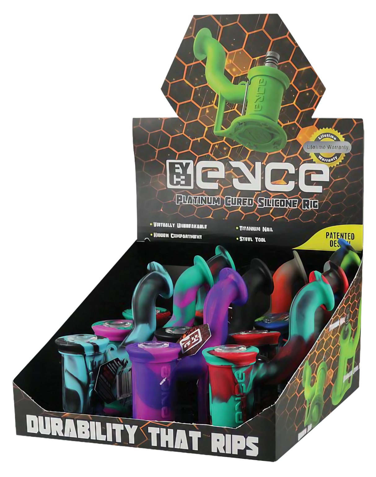 Eyce Oil Rig 2.0 Bulk Pack, assorted colors silicone dab rigs with steel tools, angled view