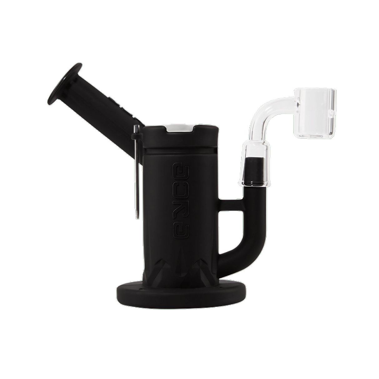 Eyce Sidecar Silicone Dab Rig in Black with 90 Degree Quartz Banger, Honeycomb Percolator, and Portable Design