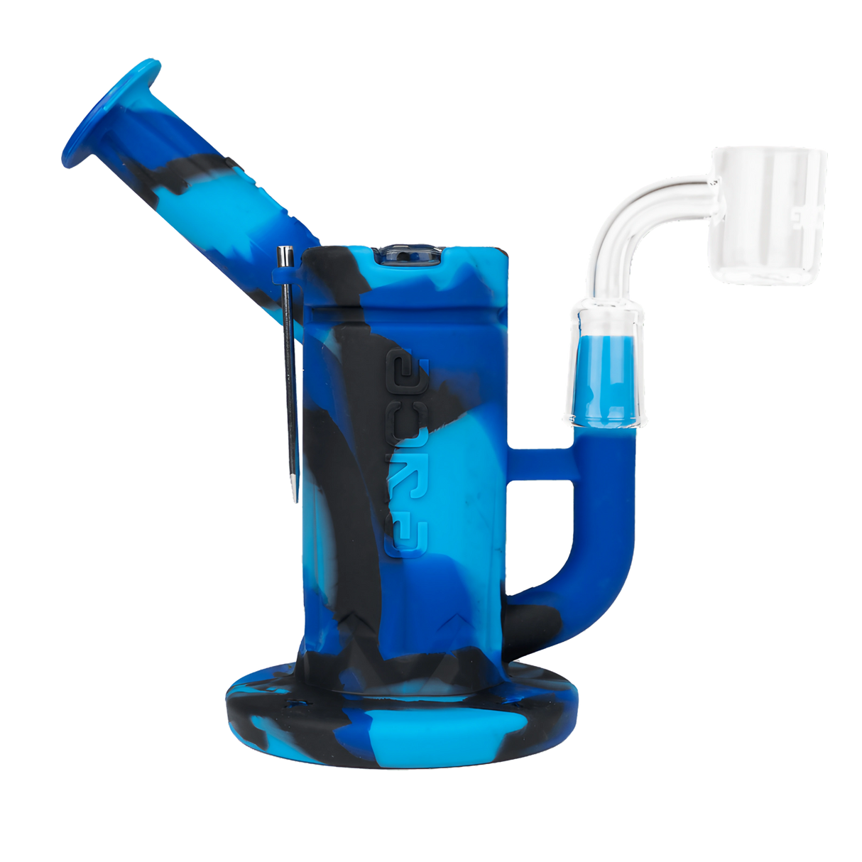 Eyce Sidecar Dab Rig in Winter design with blue silicone body, honeycomb percolator, and quartz banger