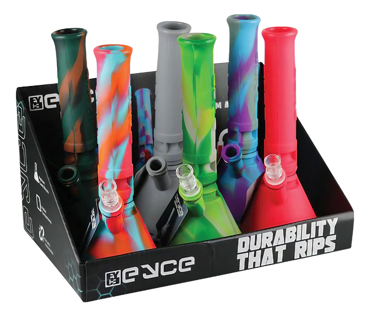 Eyce Silicone Beaker Bongs in assorted colors, 6 pack display, durable for dry herbs
