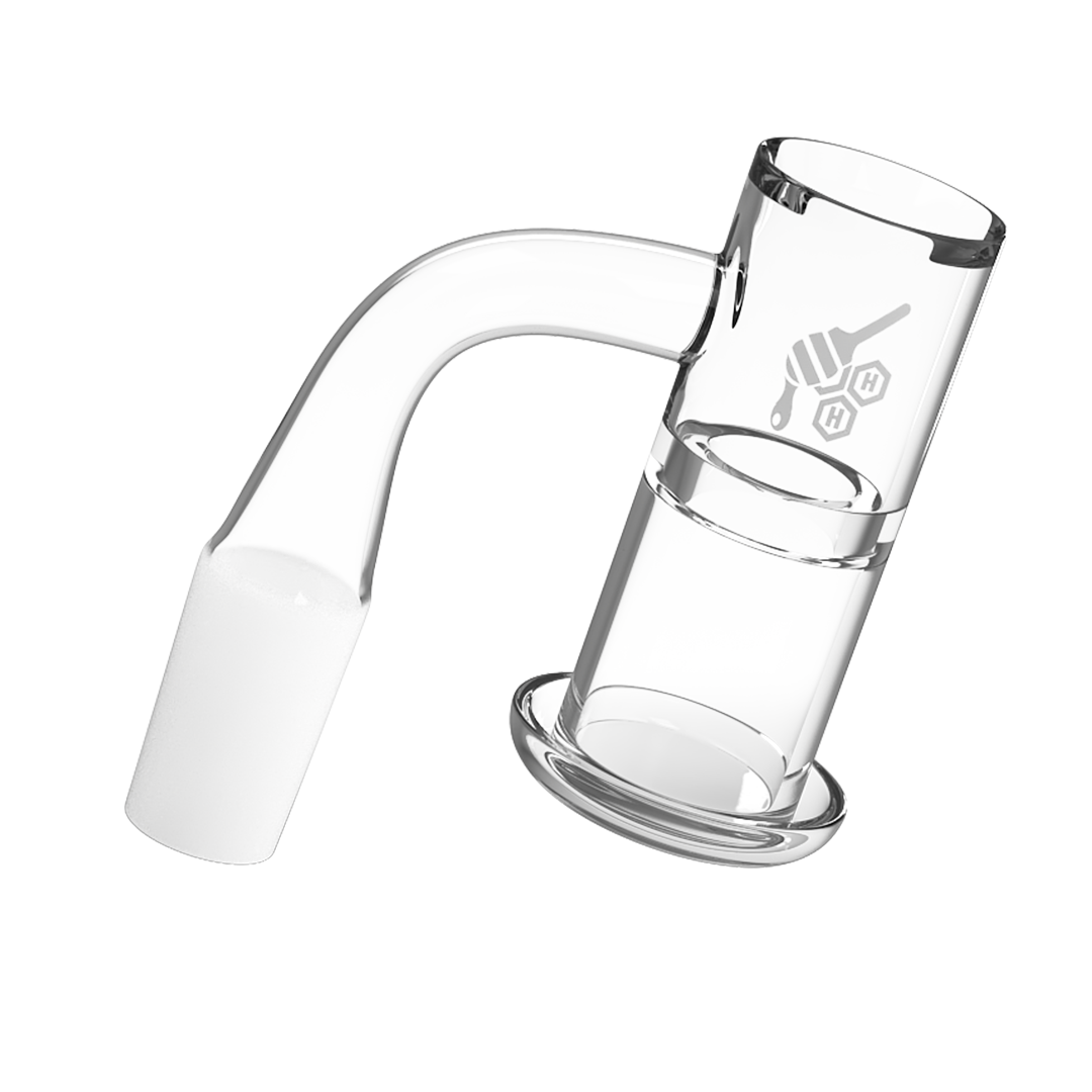 Honeybee Herb Bangers Yellow Line, clear quartz banger with flat top design, side view on white background