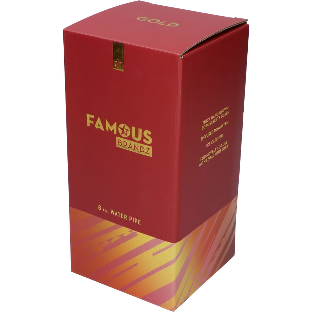 Famous Brandz 8" Fumed Glass Beaker Water Pipe in branded packaging box front view