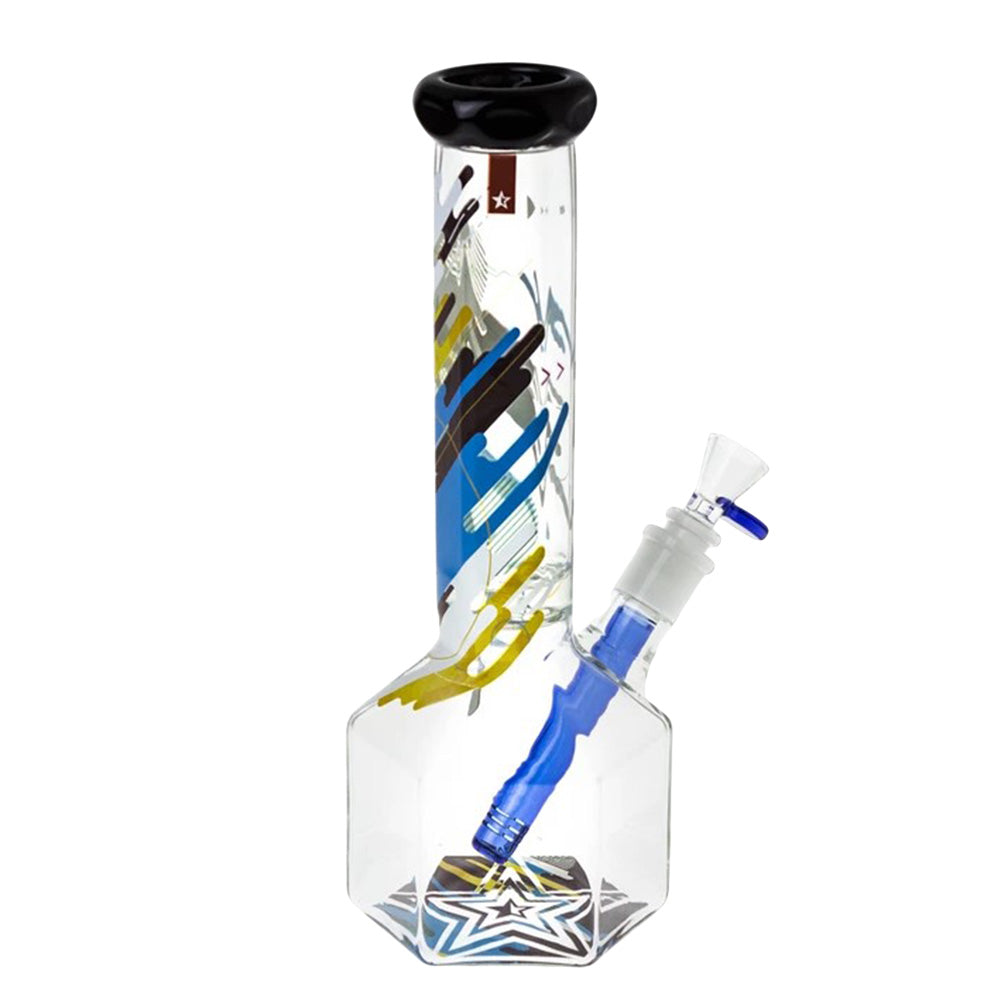 Famous Design 12" Beaker Water Pipe with Octagon Base and Artistic Decals, 14mm Female - Front View