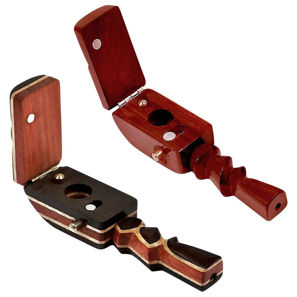 Elegant wooden hand pipe with hinged flip lid for dry herbs, 4.5" height, displayed open and closed