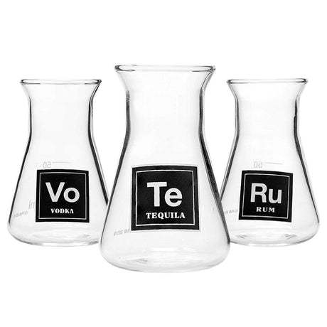 Set of 3 Borosilicate Glass Flask Shot Glasses labeled Vodka, Tequila, Rum - Front View