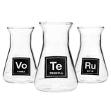 Set of 3 Borosilicate Glass Flask Shot Glasses labeled Vodka, Tequila, Rum - Front View
