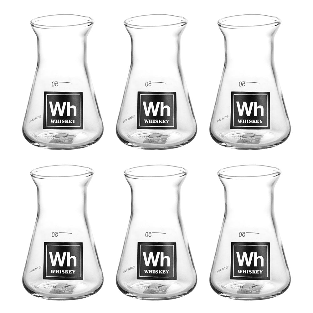 Set of six 2.75oz borosilicate glass flask shot glasses with whiskey branding, front view on white background