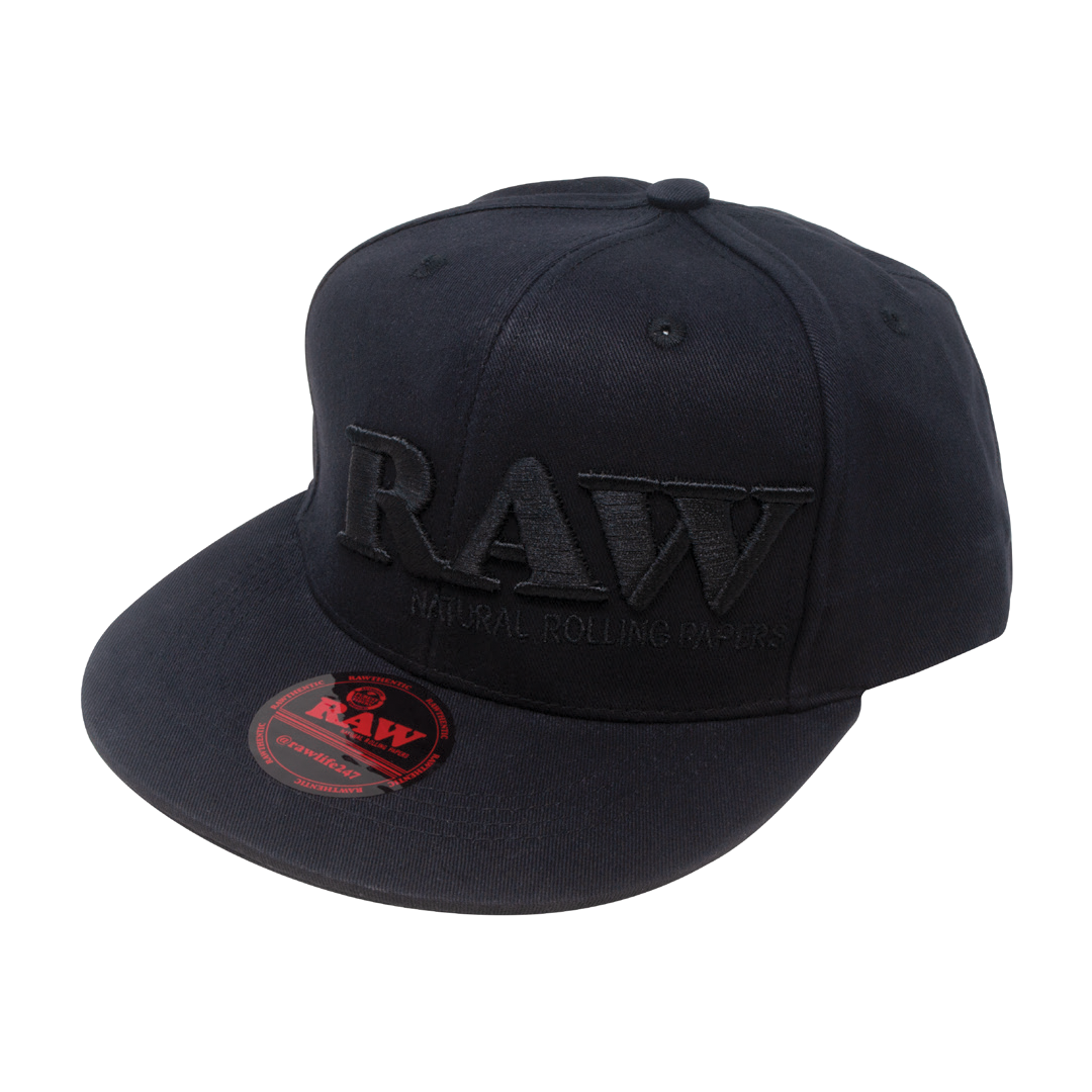 RAW Branded Black Snapback Hat Front View with Embroidered Logo on Cotton Material