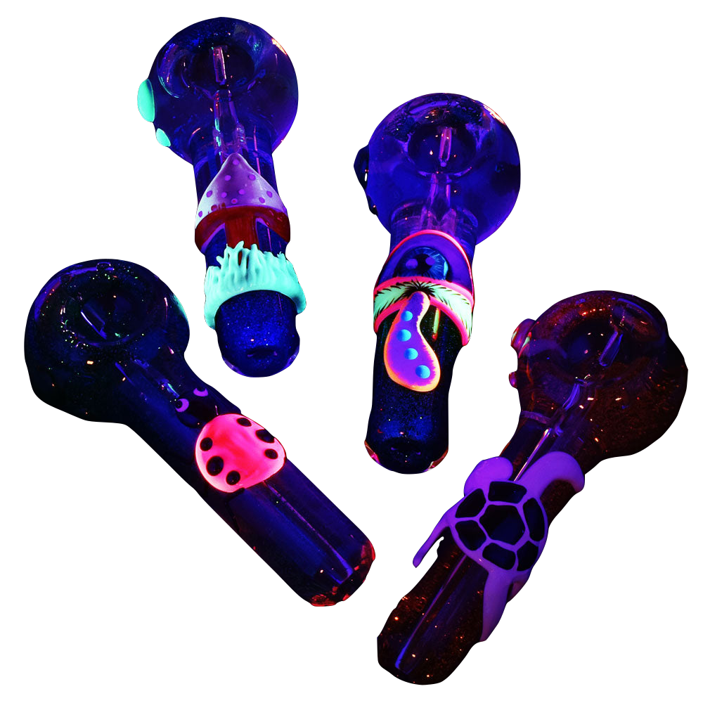 Freezable Glycerin Glitter Glow Spoon Pipes in UV reactive colors, portable 5" length, on black background