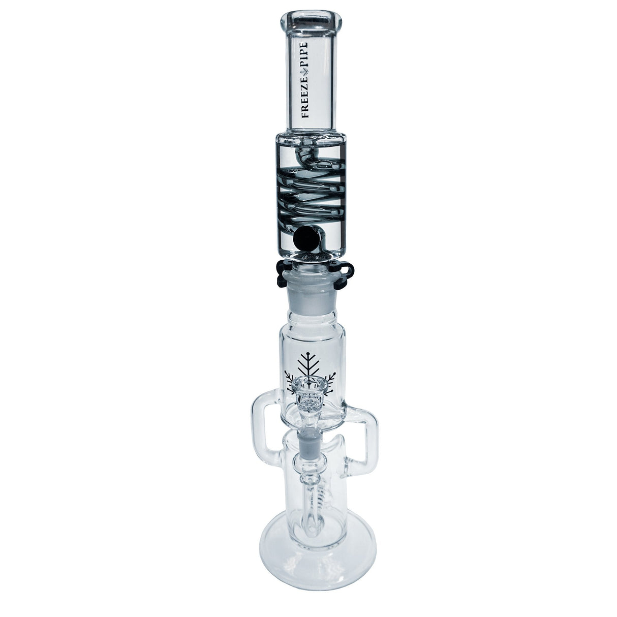 Freeze Pipe Recycler Dab Rig with intricate glass design and 14mm joint, front view on white background