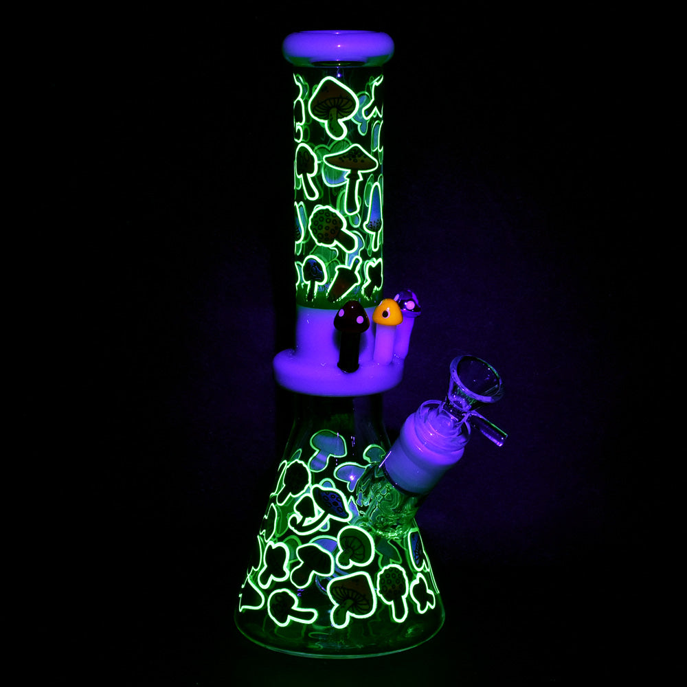 Friendly Fungi Beaker Water Pipe with Glow-in-the-Dark Design, 10" Height, Angled View
