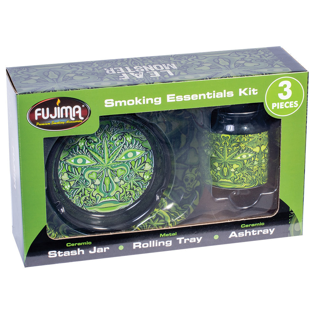 Fujima Smoking Essentials Gift Set - Ceramic Stash Jar, Metal Rolling Tray, and Ashtray