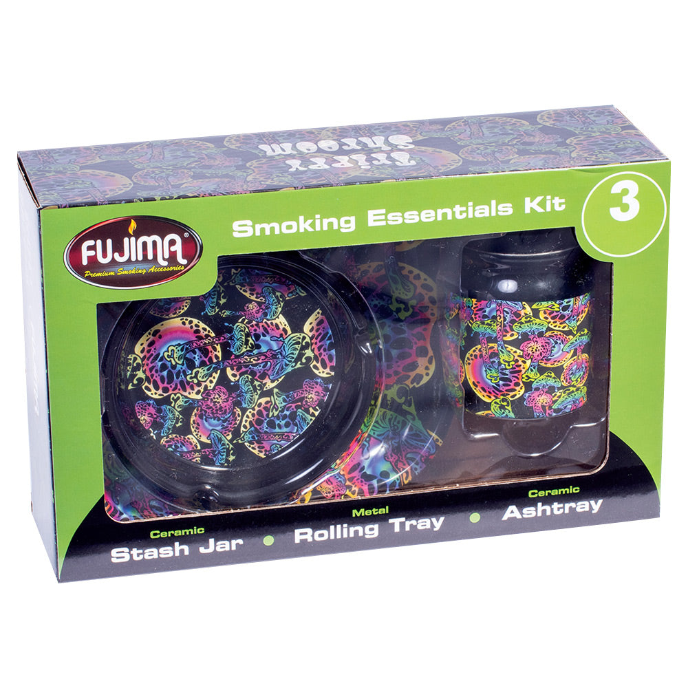 Fujima Smoking Essentials Gift Set with colorful patterns, featuring ceramic ashtray, metal rolling tray, and stash jar.