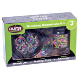 Fujima Smoking Essentials Gift Set with colorful patterns, featuring ceramic ashtray, metal rolling tray, and stash jar.