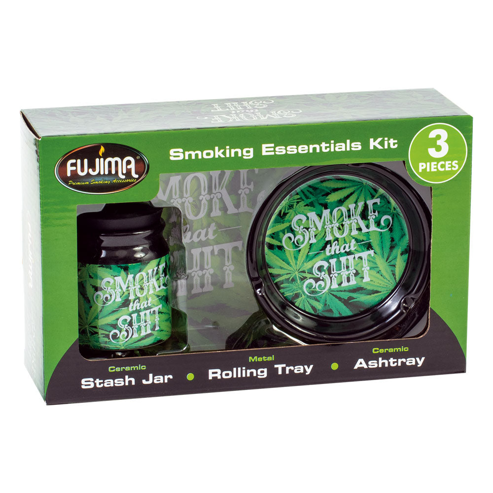 Fujima Smoking Essentials Gift Set featuring Ceramic Stash Jar, Metal Rolling Tray, and Ashtray