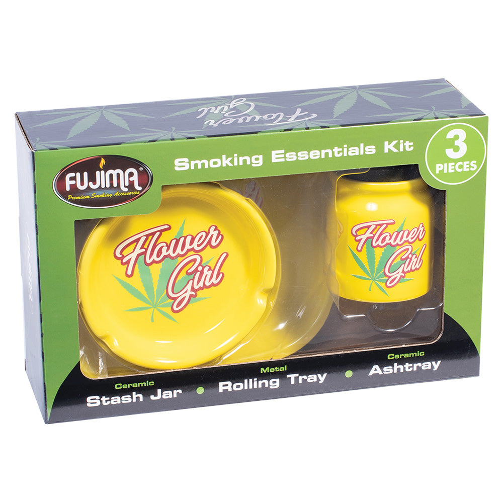 Fujima Flower Girl Smoking Essentials 3-Pack with Ceramic Stash Jar, Metal Rolling Tray, and Ashtray