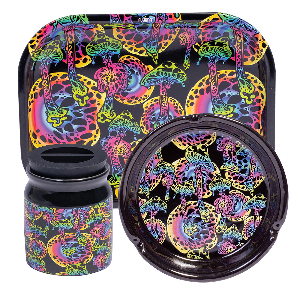 Fujima Smoking Essentials Gift Set with colorful psychedelic mushroom designs, including a tray, jar, and ashtray