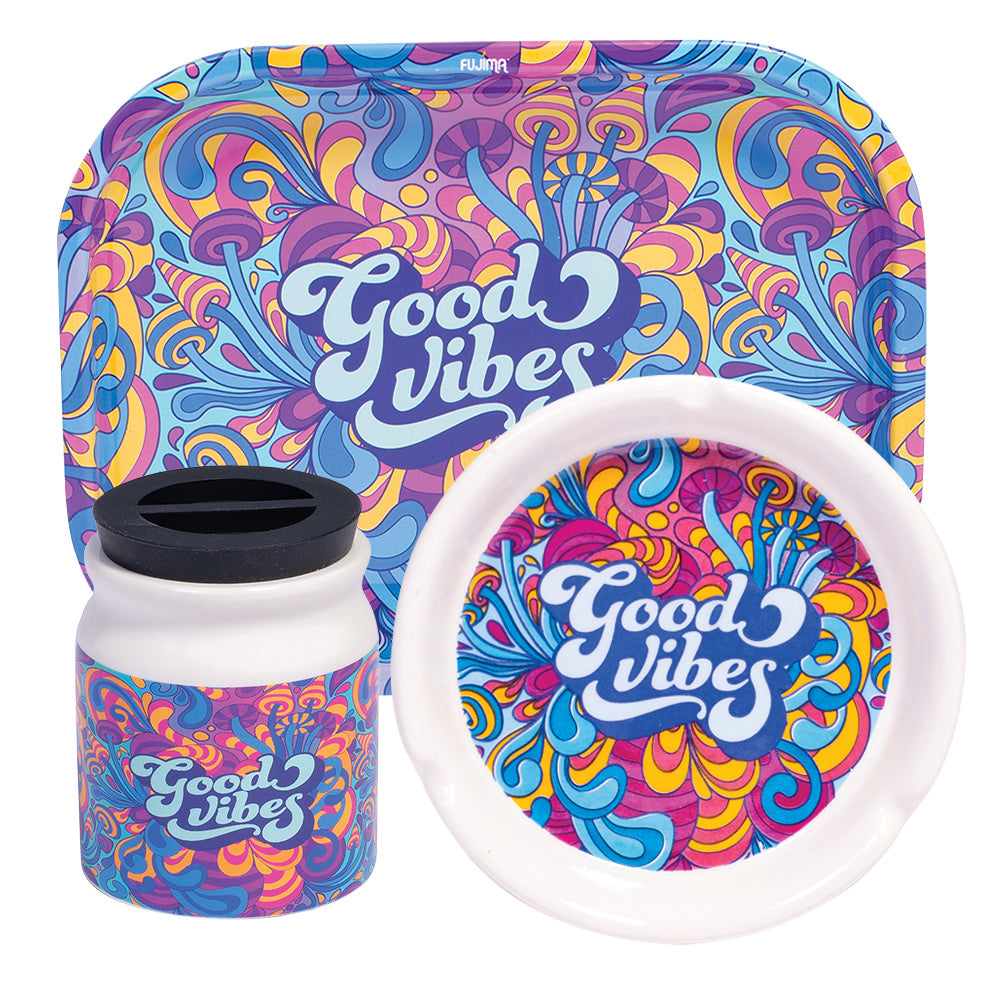 Fujima Smoking Essentials Gift Set with colorful 'Good Vibes' design, featuring ceramic ashtray, steel stash jar, and rolling tray.