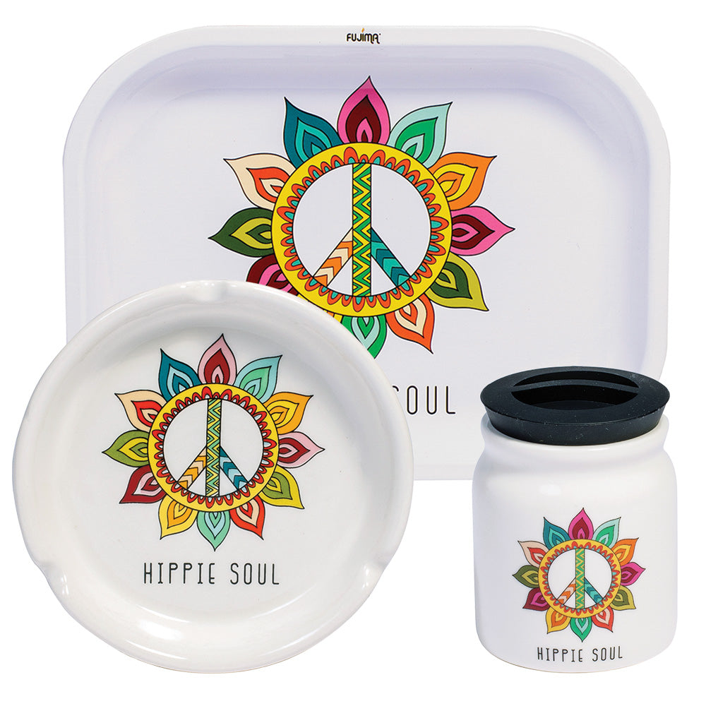 Fujima Smoking Essentials Gift Set with colorful 'Hippie Soul' design on ceramic tray, jar, and steel ashtray