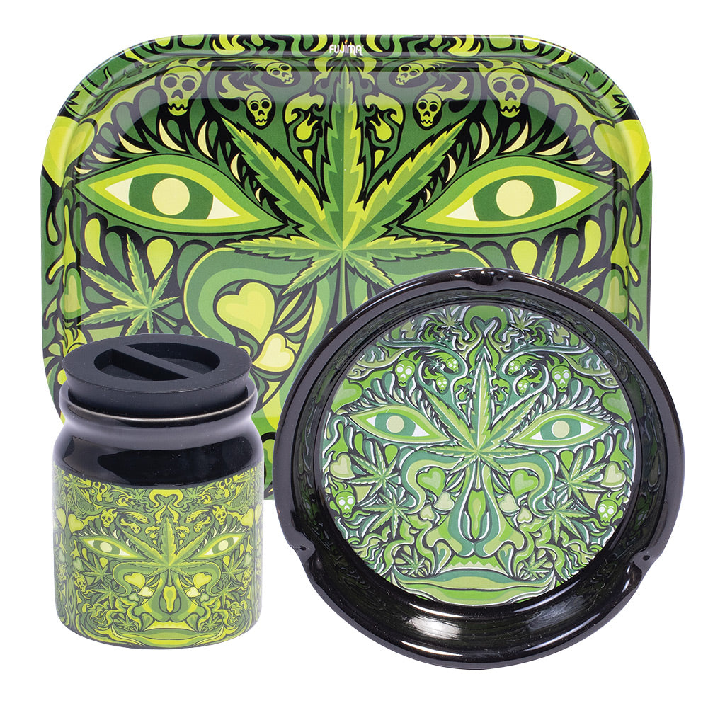 Fujima Smoking Essentials Gift Set - Ceramic Ashtray, Steel Jar, and Tray with Psychedelic Design