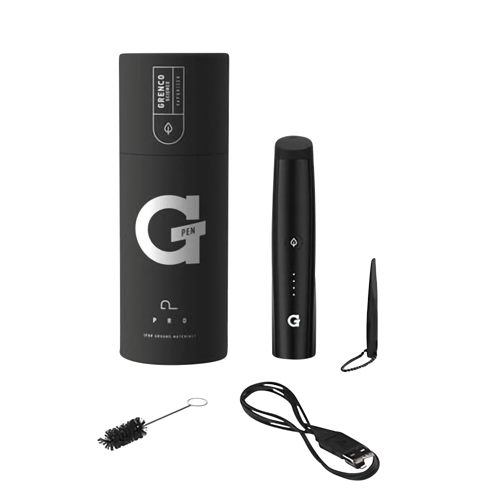 G Pen Pro Vaporizer in black, portable design with ceramic chamber, front view with accessories