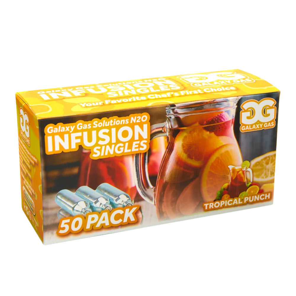 Galaxy Gas Infusion Cream Chargers 50 Pack, Tropical Punch, angled front view