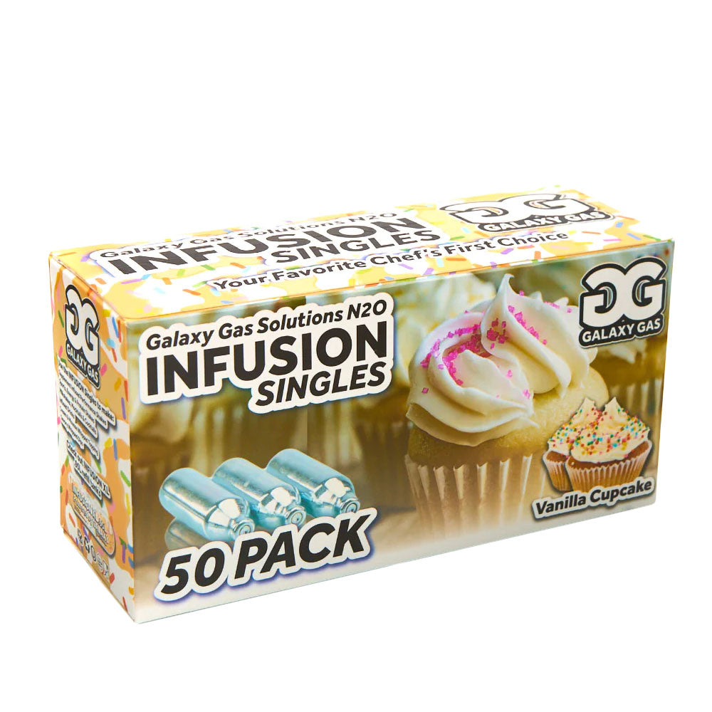 Galaxy Gas Infusion Cream Chargers 50-Pack Box, Vanilla Cupcake Flavor, Front View