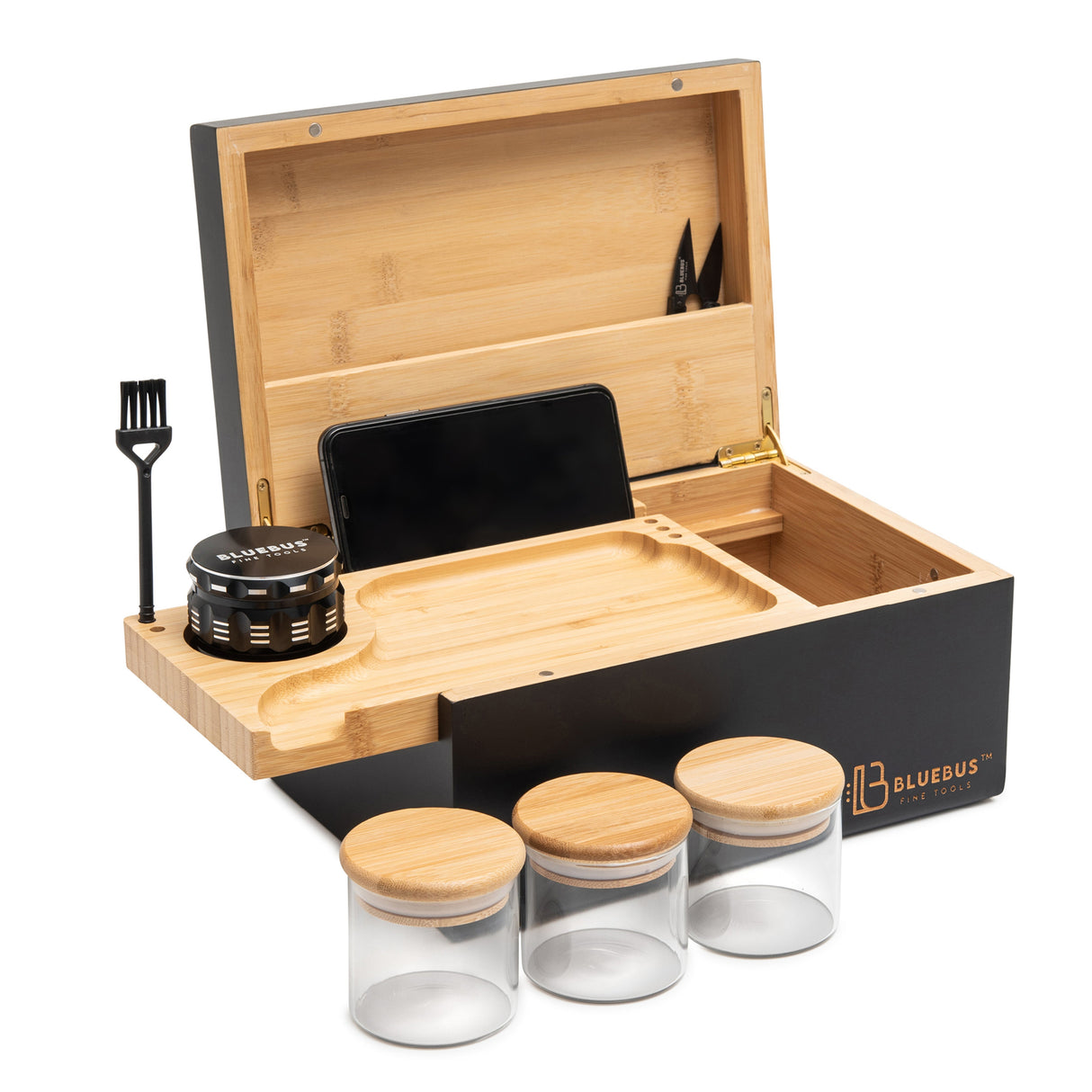 GENESIS Storage Stash Box by Blue Bus with 4-Part Grinder and Jars, Black Variant