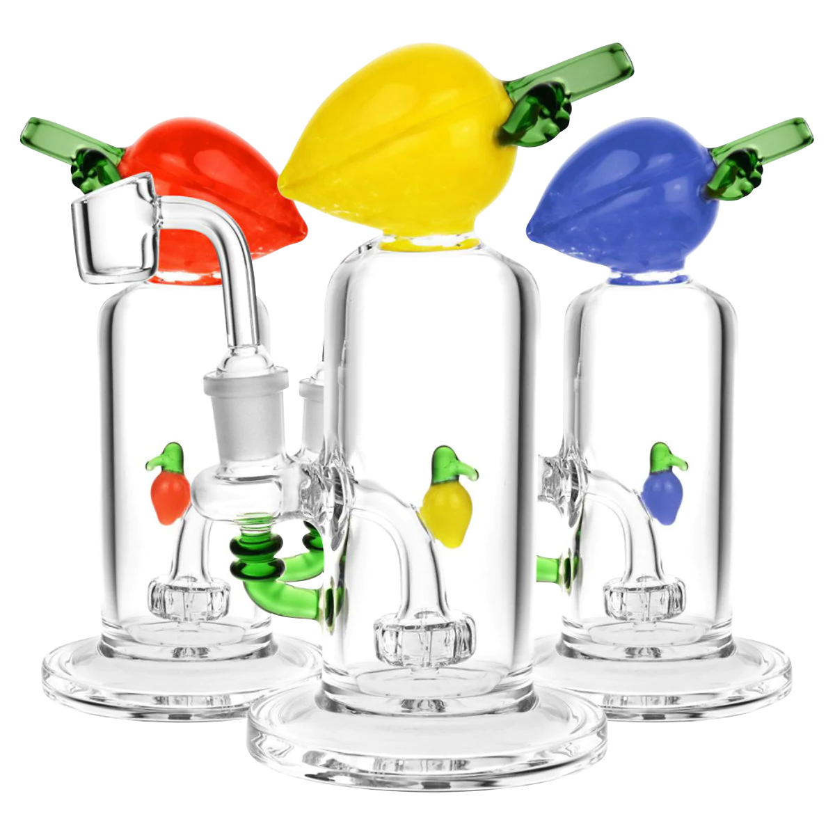 Georgia Peach Glass Dab Rigs in red, yellow, blue with showerhead percolator and thick glass