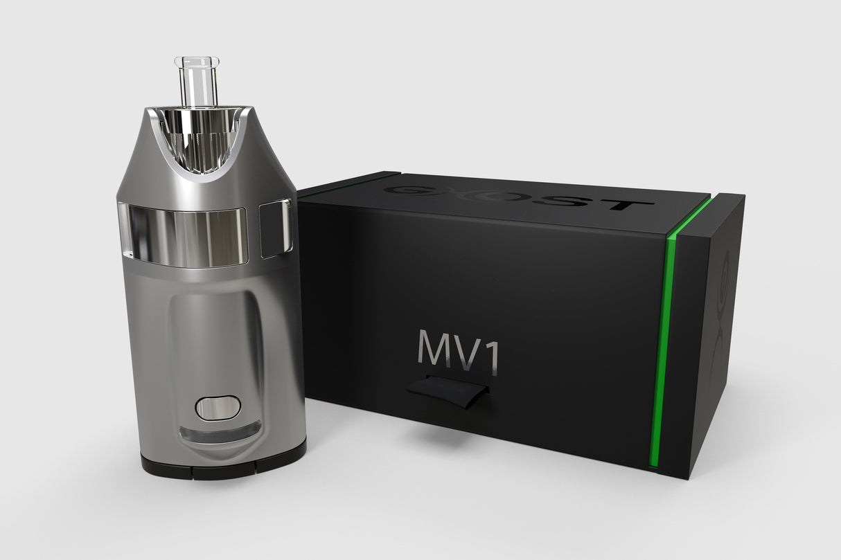 GHOST Vapes MV1 Herb & Wax Vaporizer, sleek design, side view with packaging