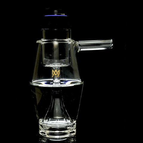 MJ Arsenal Proxy Bubbler front view, clear borosilicate glass with blue accents for dabbing