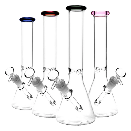 Assorted 11" Glass Beaker Water Pipes with color accented mouthpieces, 45-degree joints
