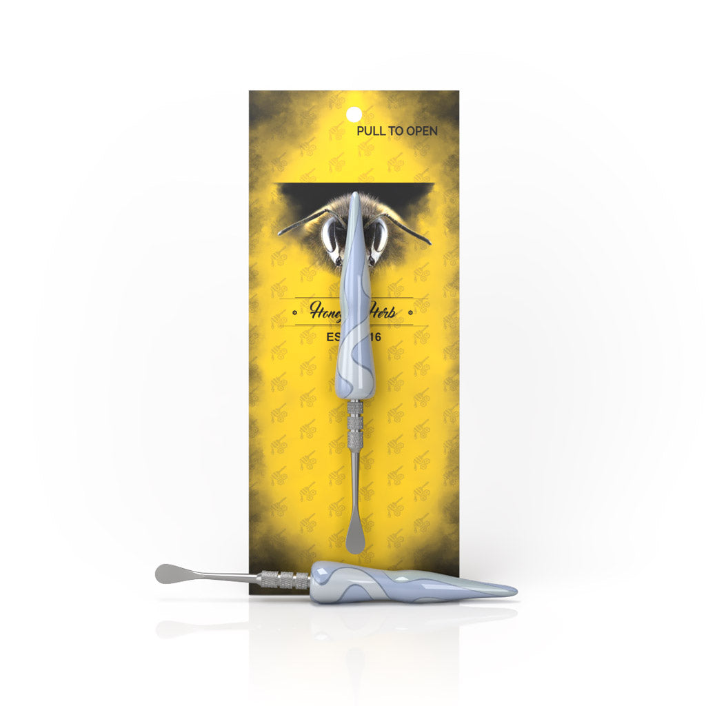 Honeybee Herb Swirl Tide Dab Tool in Blue with Sleek Design - Front View on Branded Packaging