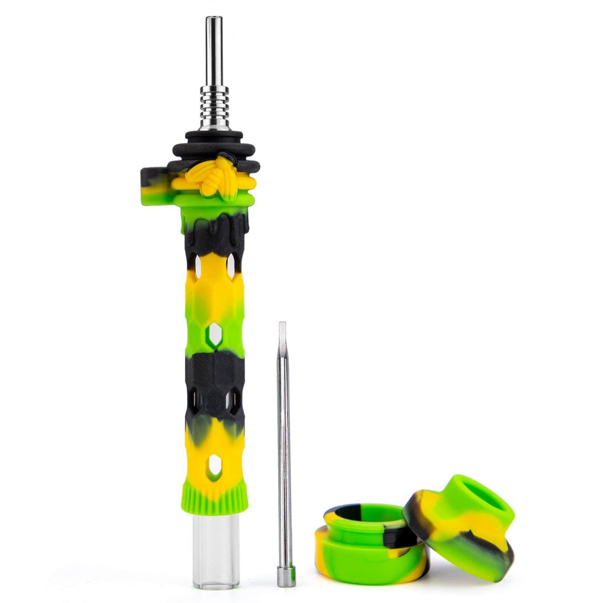 PILOTDIARY Glass Dab Straw with Black, Yellow, Green Silicone Sleeve and Titanium Tip