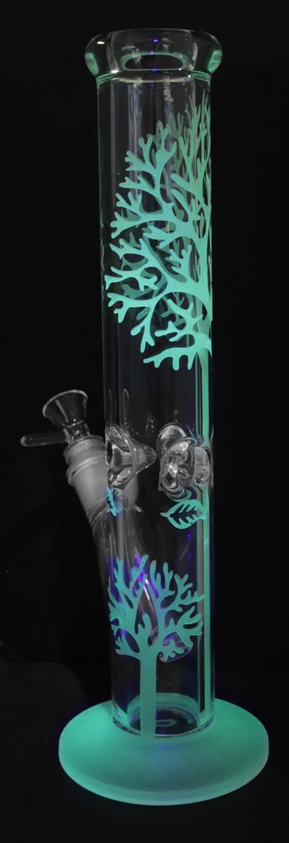 13.5" Glow in the Dark Tree Water Pipe with 45 Degree Female Joint, Front View on Black Background