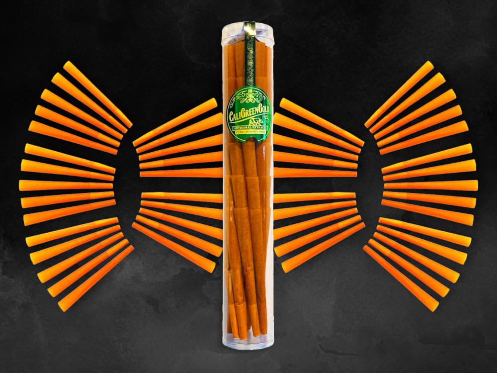 CaliGreenGold Goji Berry King Cones 60-pack displayed in fan arrangement on black background