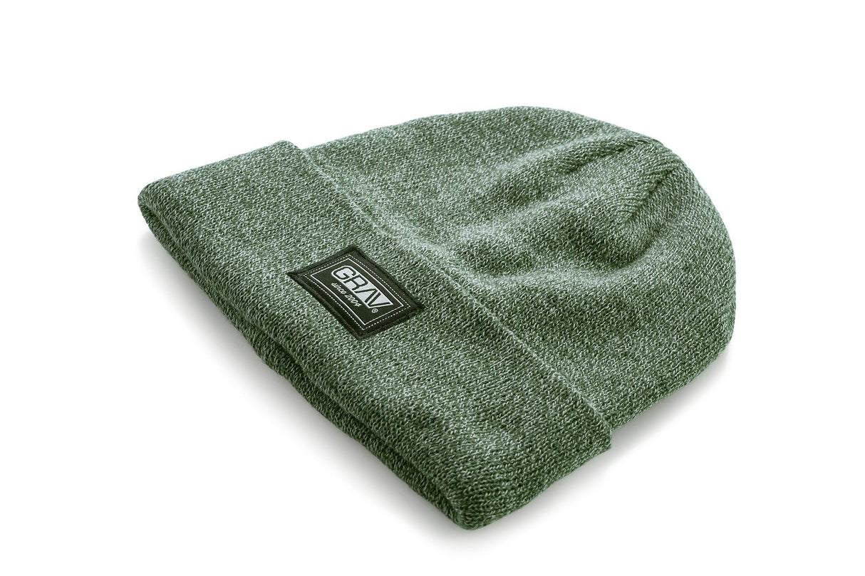Unisex GRAV Heathered Green Acrylic Beanie with Embroidered Logo, one size, front view on white