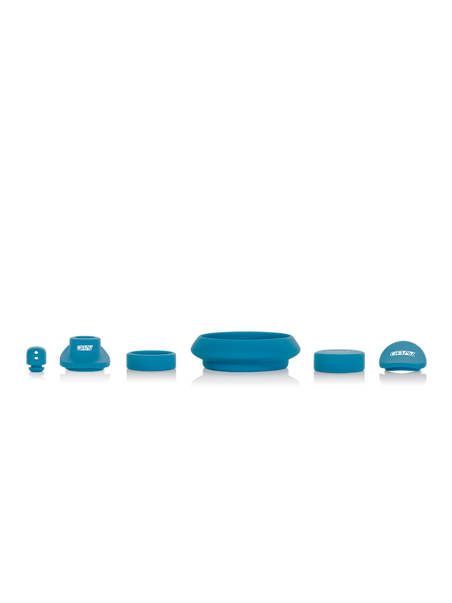 GRAV Deco Beaker in Silicone parts laid out, showcasing assorted blue silicone components